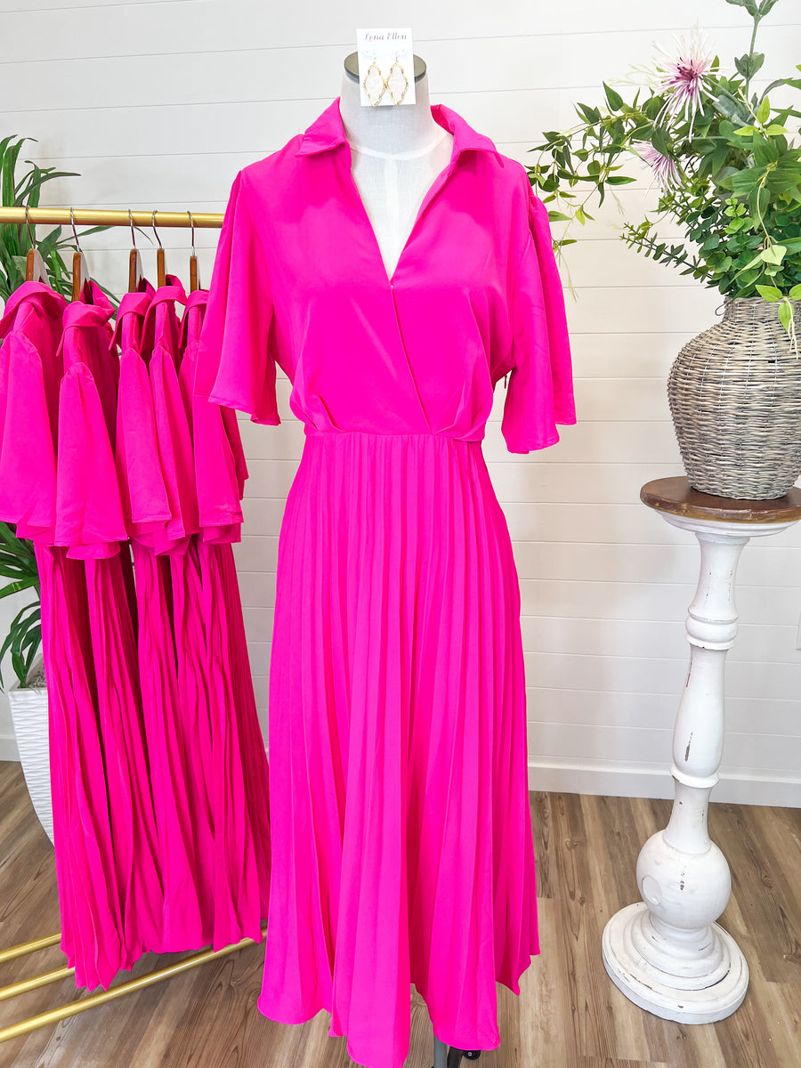 Hot PInk Pleated Midi Lena Ellen Boutique Hot PInk Pleated Midi Lena Ellen Boutique