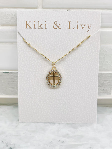 Oval Rhinestone Cross Necklace