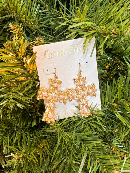 Mary Pearl Cross Earrings