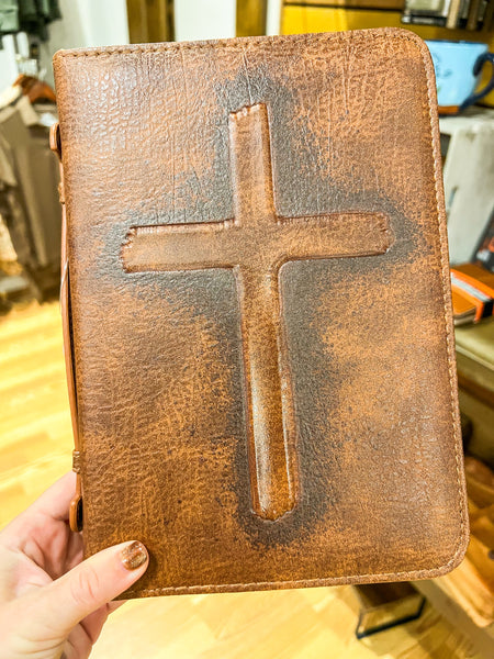 Bible Cover Vintage Cross Brown Lg