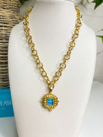 Susan Shaw Handcast Gold Square Aqua Necklace