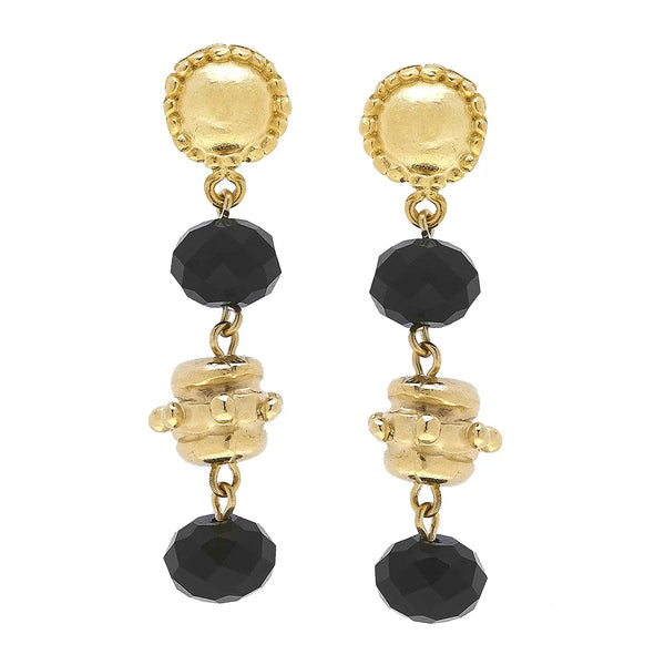 Susan Shaw Gold Bead and Black Crystal Earrings