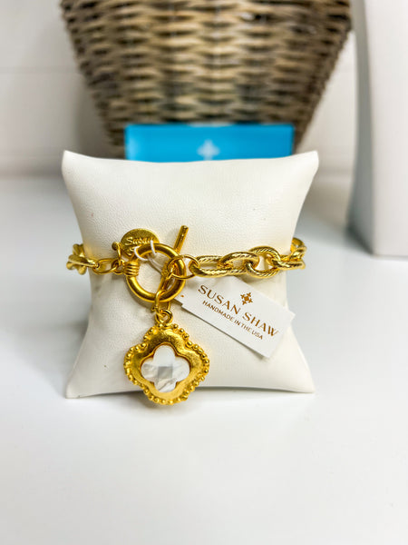 Susan Shaw Gold Clover Mother of Pearl Drop Bracelet