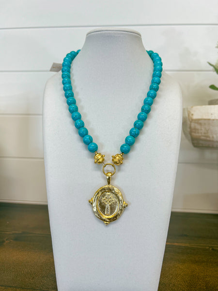 Susan Shaw Genuine Turquoise w/ Italian Cross Intaglio Necklace