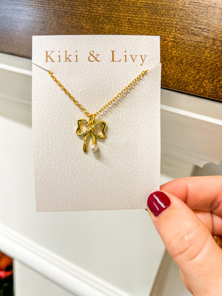 KL Gold Bow Necklace W/ Pearl