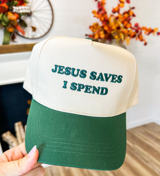 Jesus Saves I Spend Hat-Green/Tan