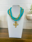 Susan Shaw Gold Cross on 3 Row Genuine Matte Turquoise Necklace
