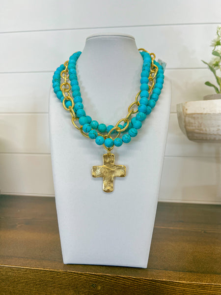 Susan Shaw Gold Cross on 3 Row Genuine Matte Turquoise Necklace