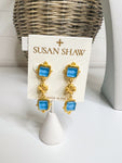 Susan Shaw Linked Aqua French Glass & Handcast Gold Cross Bead Earring