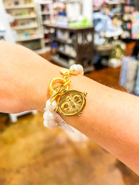 Susan Shaw Gold Bee on Genuine Freshwater Pearl Bracelet
