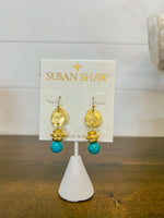 Susan Shaw Gold Oval and Genuine Turquoise Earrings
