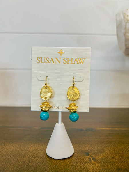 Susan Shaw Gold Oval and Genuine Turquoise Earrings