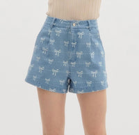 Bow Print Denim Shorts