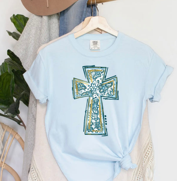 Blue Floral Cross Tee